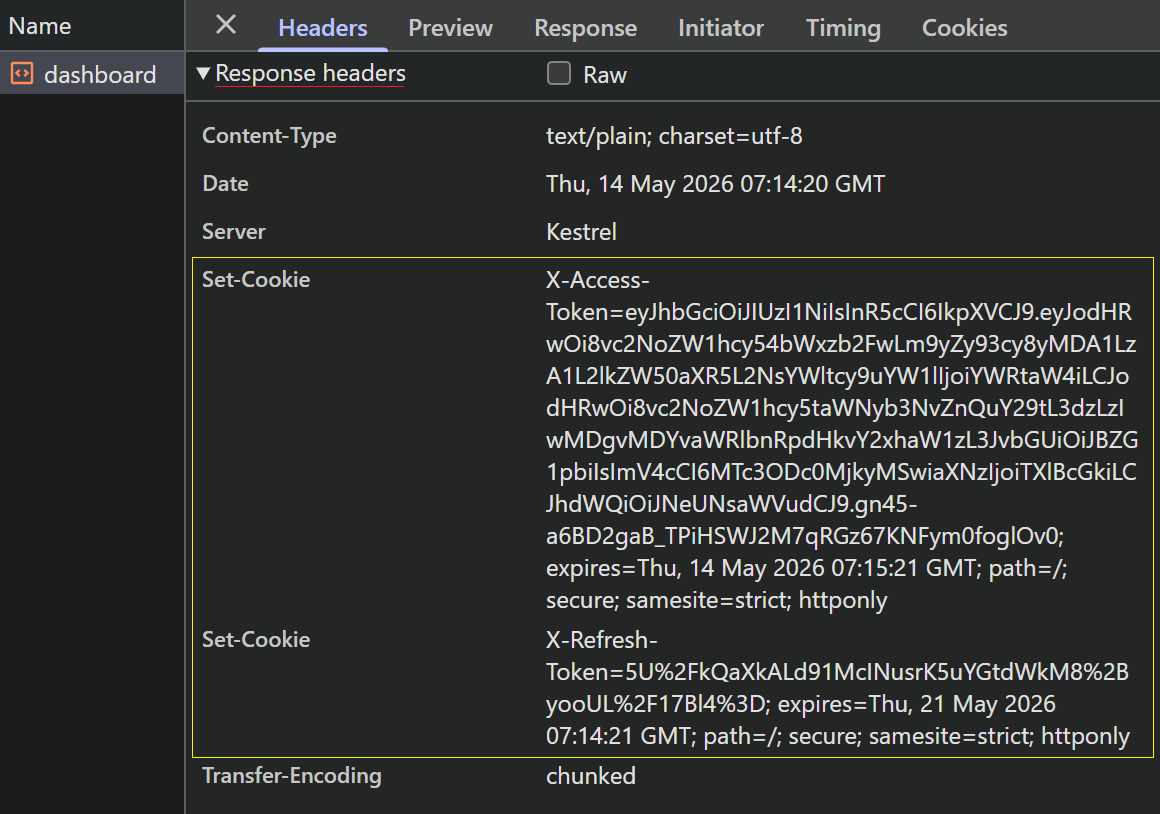 Network panel showing Set-Cookie on a 200 OK dashboard response